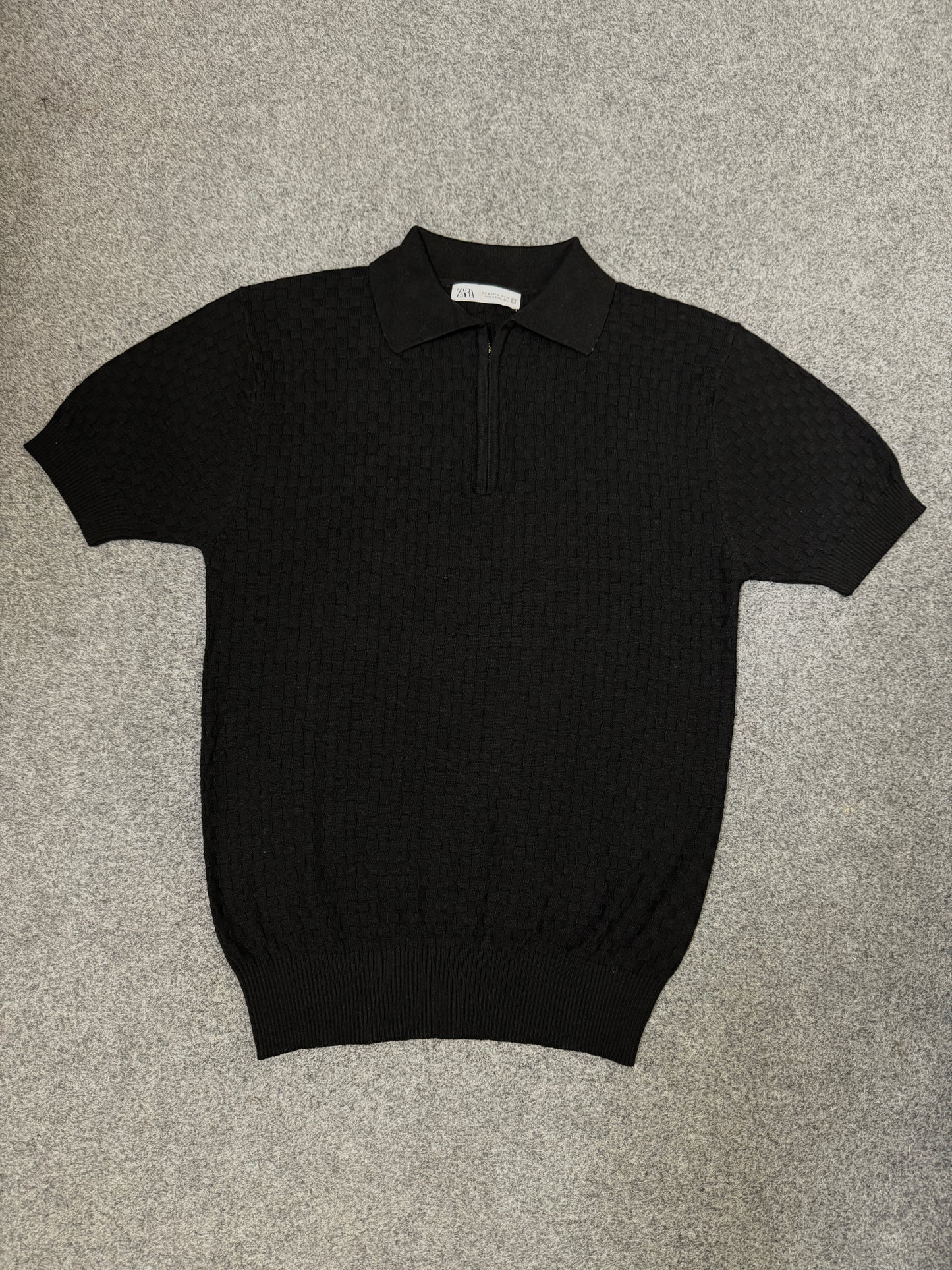 Textured Basketweave Knit Zip Polo – Black