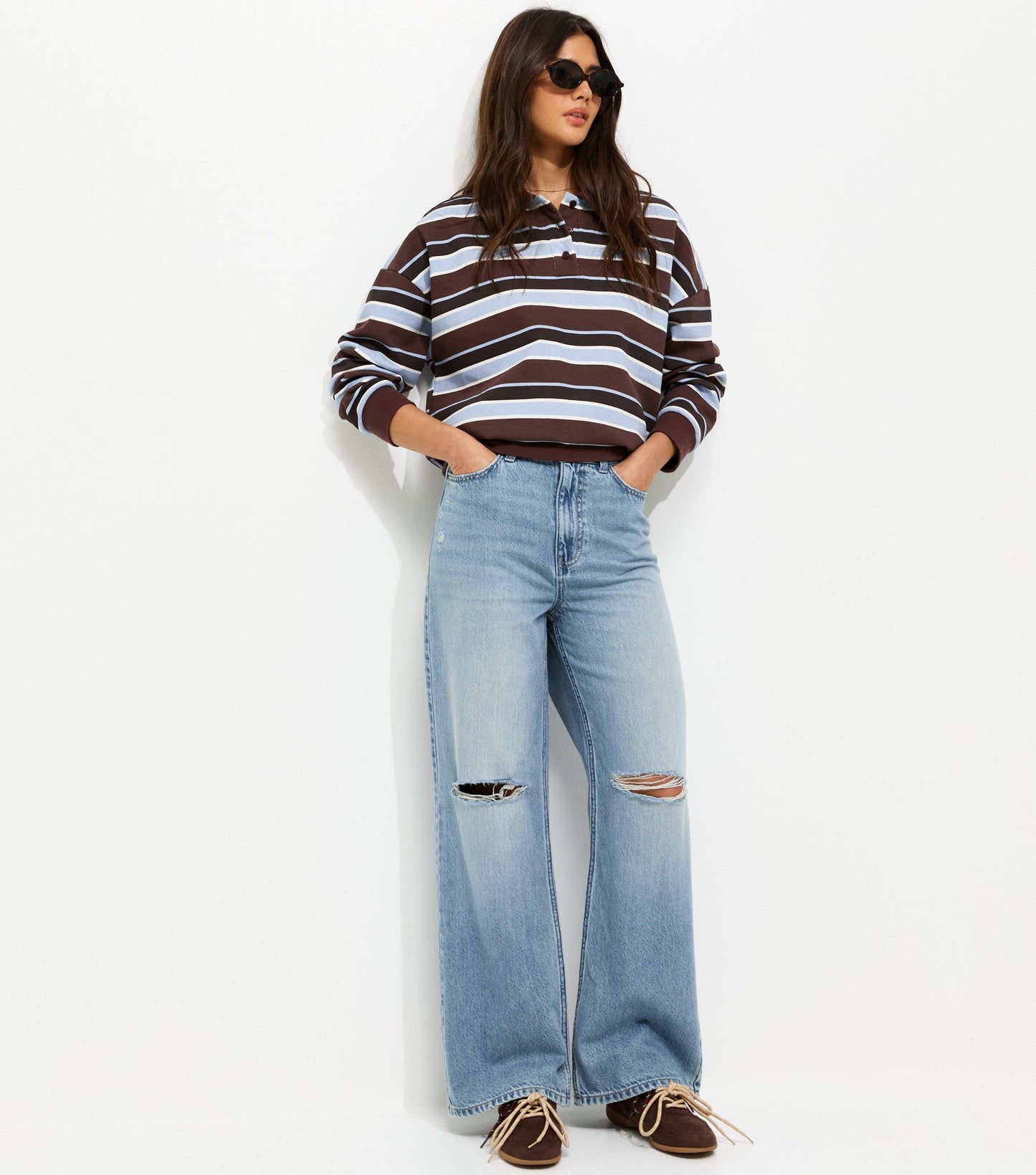 Blue Ripped Knee Wide Leg Adale Jeans by New Look