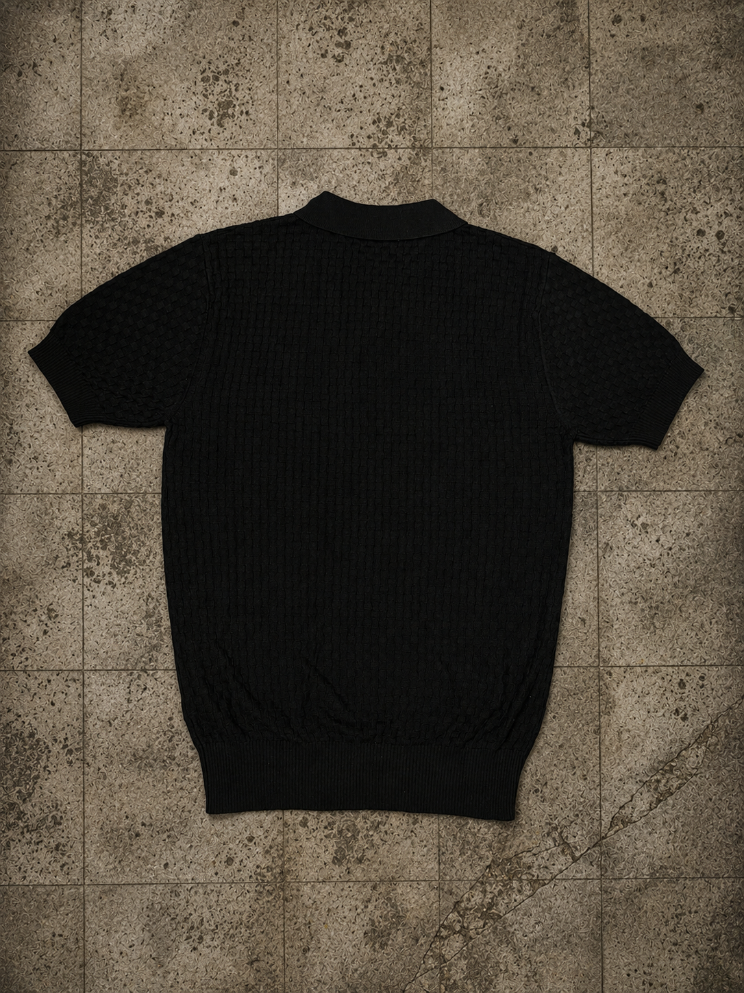 Textured Basketweave Knit Zip Polo – Black