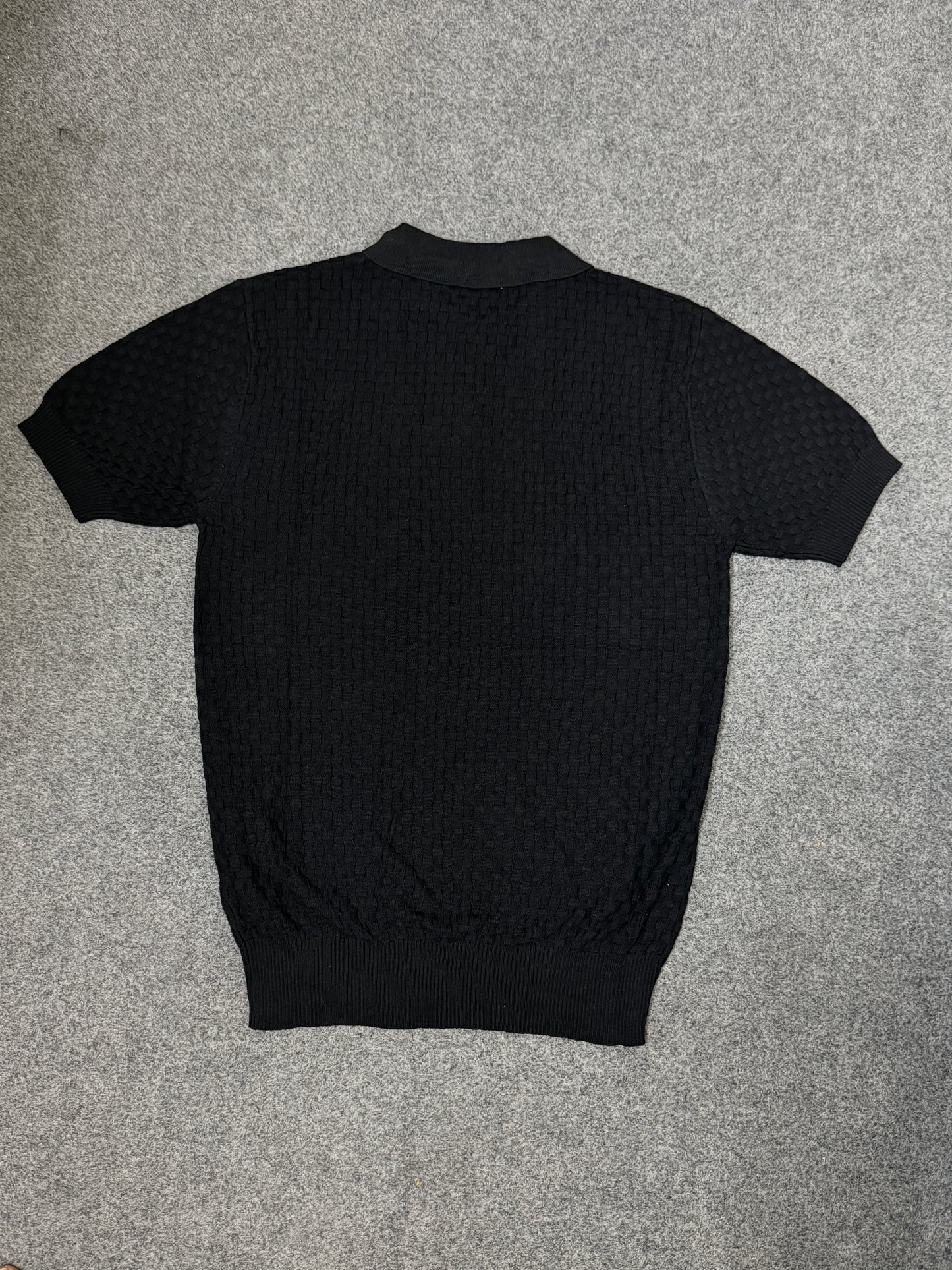 Textured Basketweave Knit Zip Polo – Black