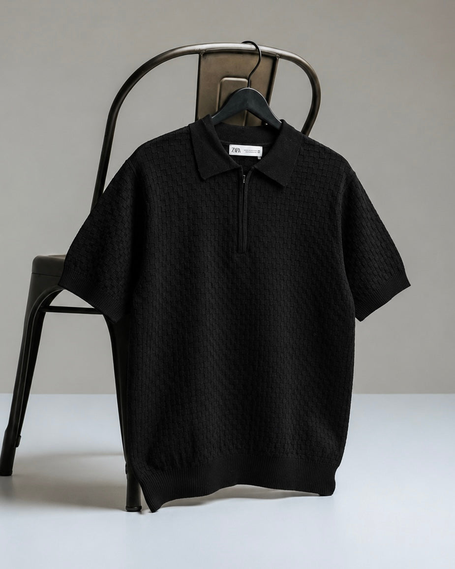 Textured Basketweave Knit Zip Polo – Black