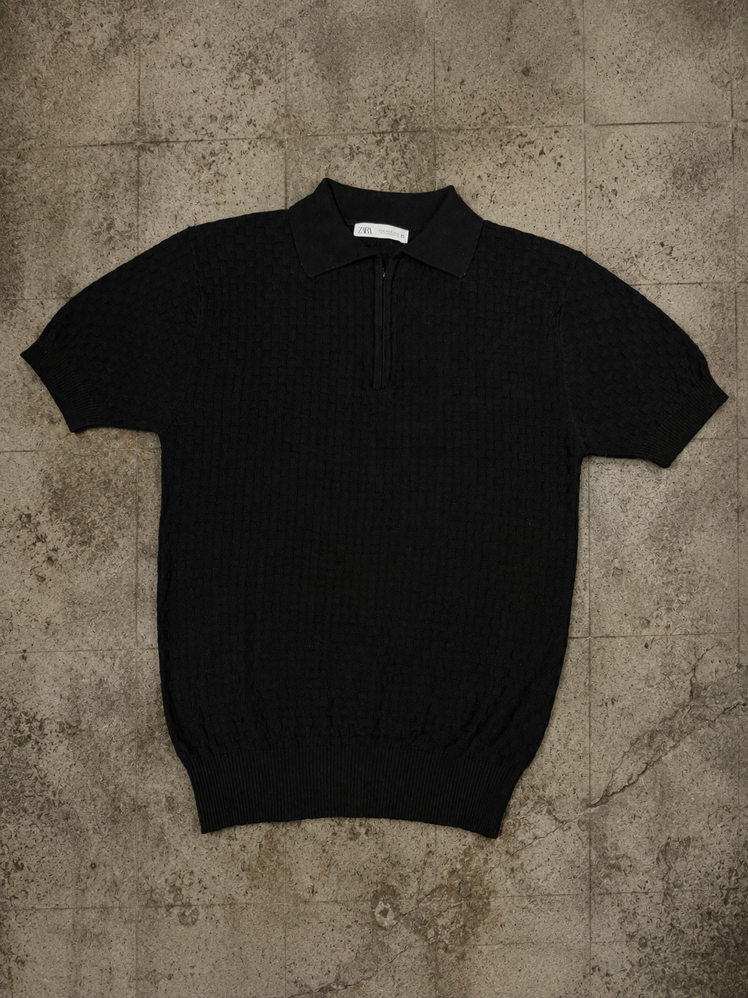 Textured Basketweave Knit Zip Polo – Black