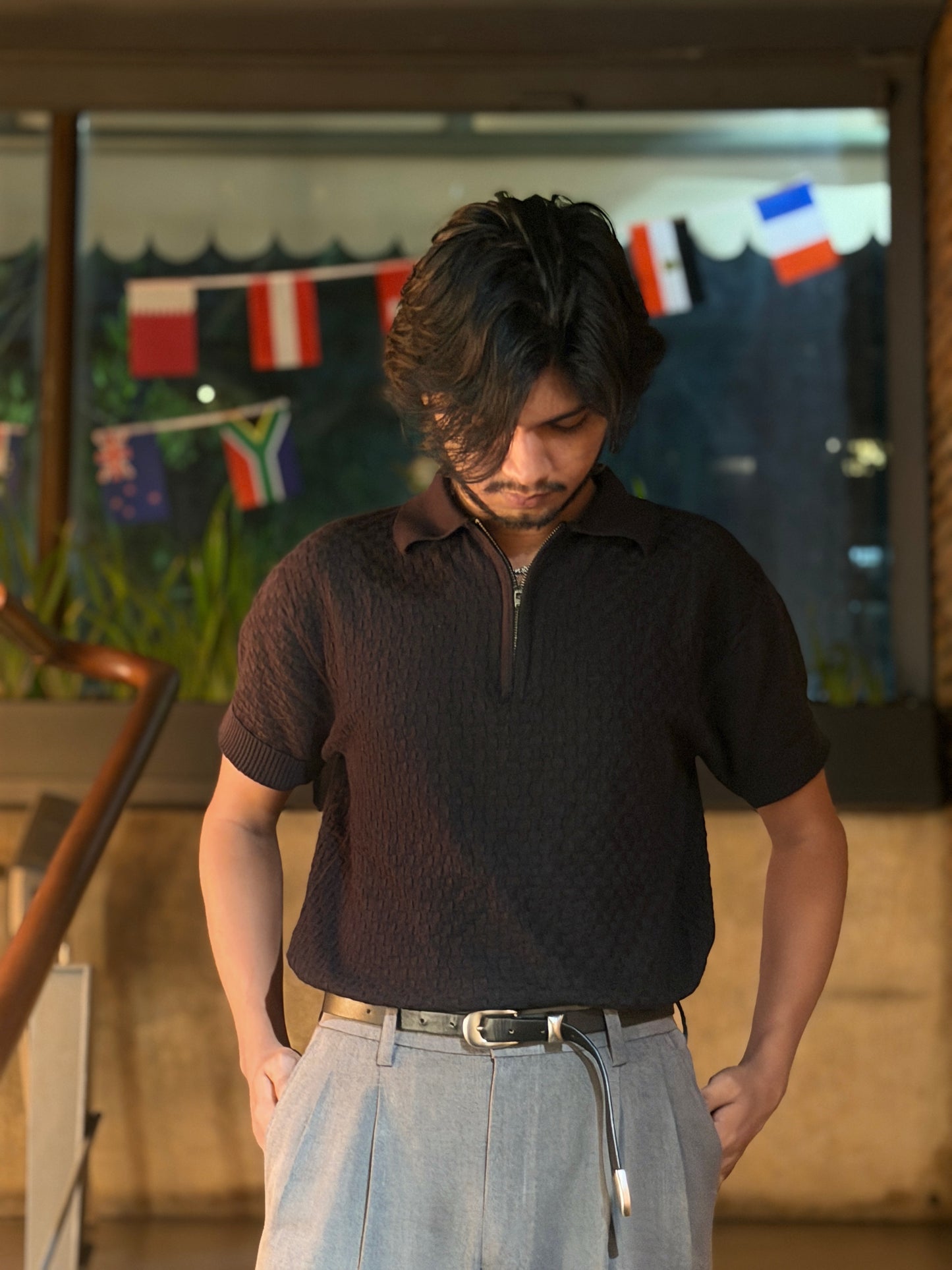 Textured Basketweave Knit Zip Polo – Black