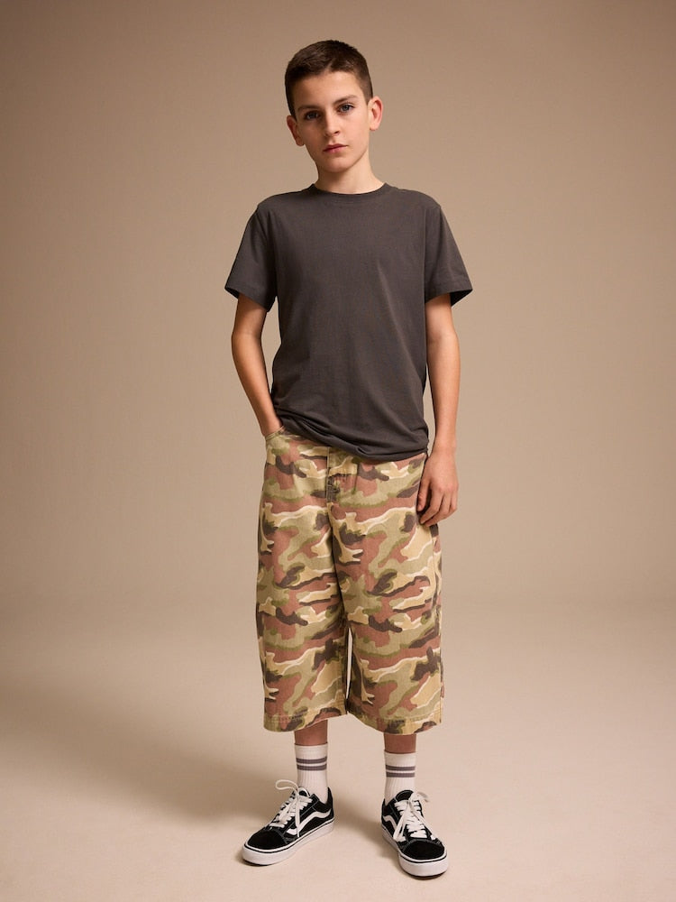Green/Brown Camoflage Extra Long Jort 100% Cotton Denim Shorts