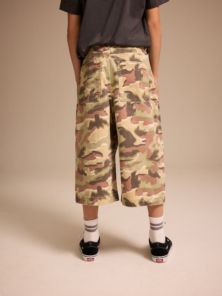 Green/Brown Camoflage Extra Long Jort 100% Cotton Denim Shorts