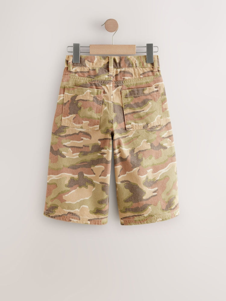Green/Brown Camoflage Extra Long Jort 100% Cotton Denim Shorts