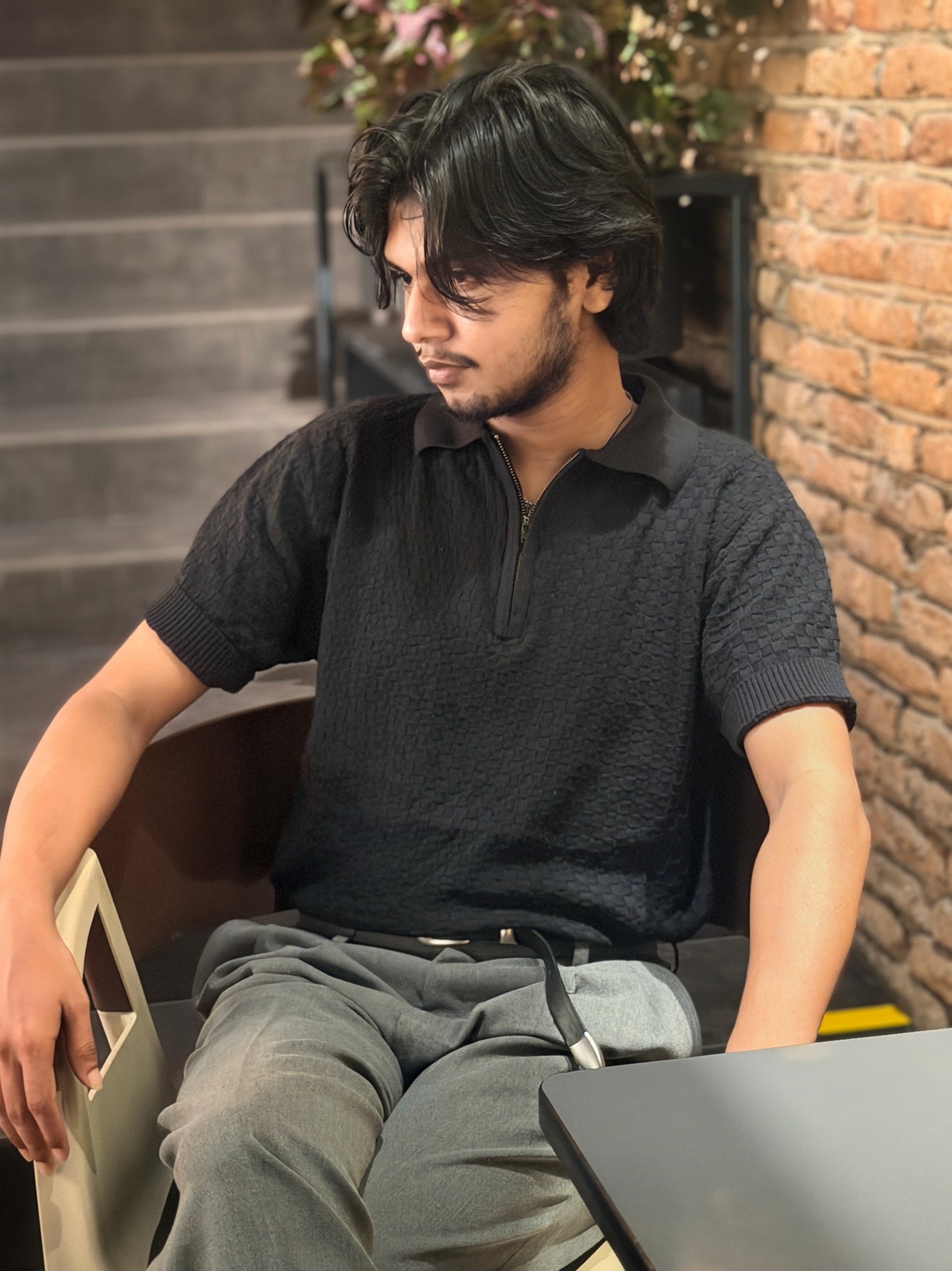 Textured Basketweave Knit Zip Polo – Black