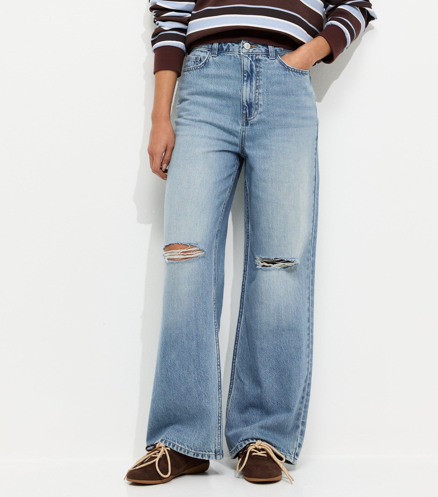Blue Ripped Knee Wide Leg Adale Jeans by New Look