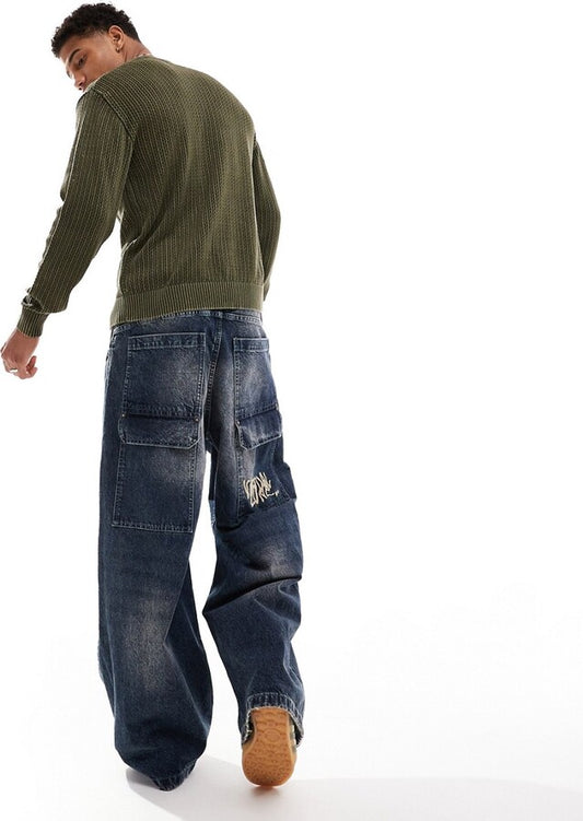 Bershka super baggy fit jeans with embroidery in dark blue